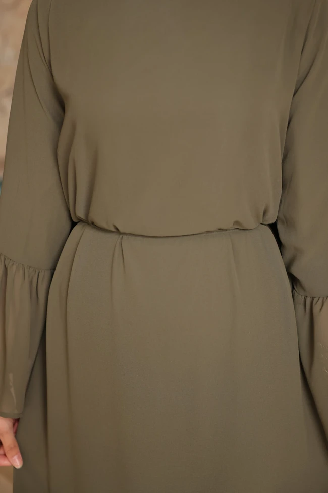 Haki Bel Bağlamalı Eteği Katlı Şifon Elbise