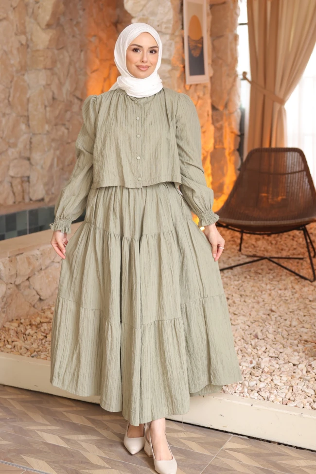 Haki Düğmeli Gömlek Etekli Bürümcük Takım