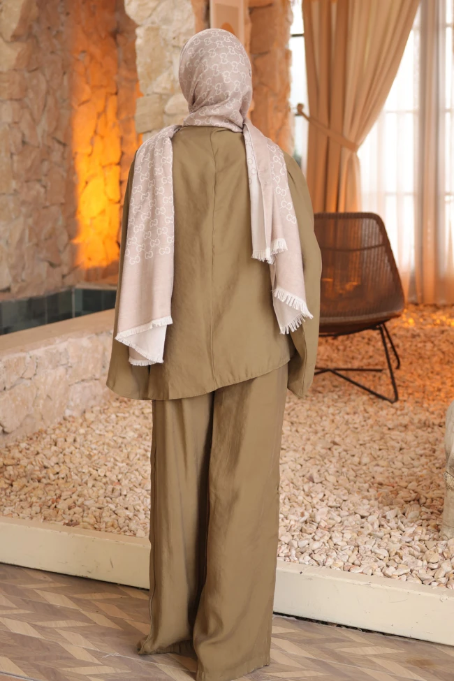 Haki Pile Detaylı Tunik Pantolonlu Takım