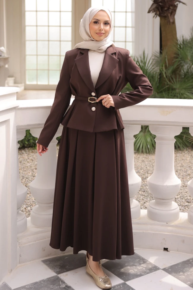 Kahverengi Ceket Etekli Krep Takım