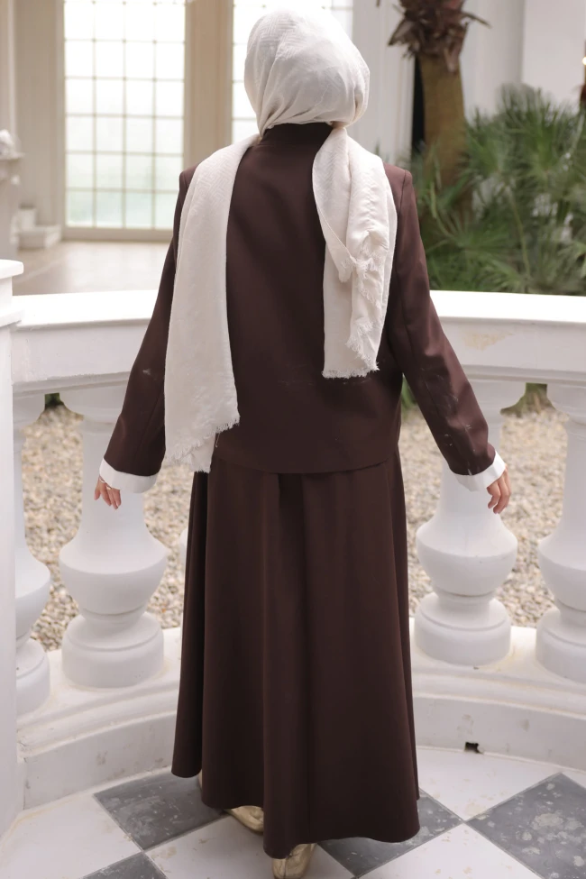 Kahverengi Ceket Etekli Krep Takım