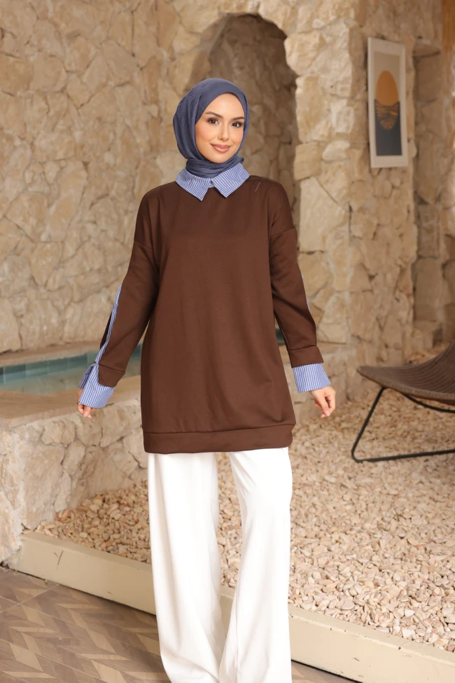Kahverengi Çizgili Dokuma Modal Garnili Tunik