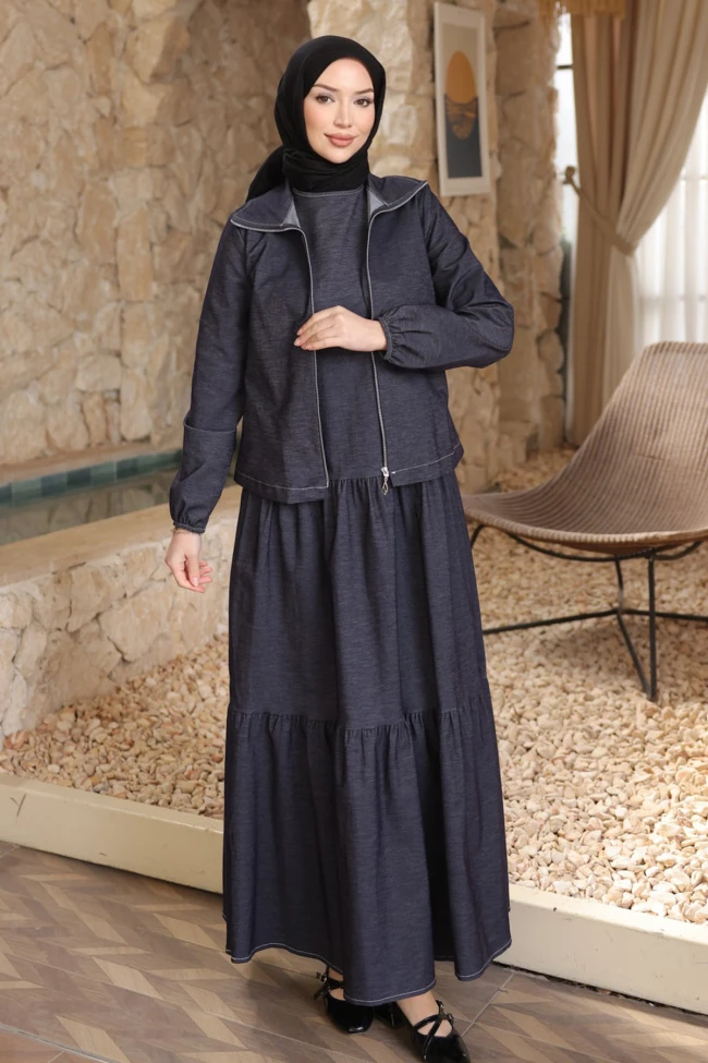 Lacivert Bisiklet Yaka Elbise Ceketli Takım