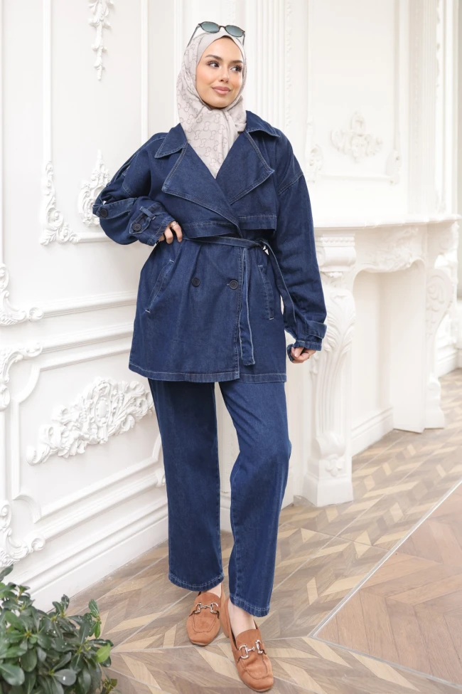 Lacivert Düğmeli Bel Kuşaklı Ceket Pantolonlu Kot Takım