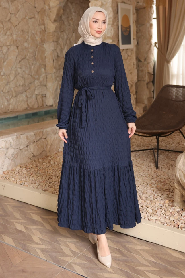 Lacivert Kol Lastikli Düğmeli Bel Bağlamalı Gofre Elbise