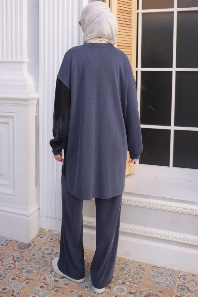 Lacivert Yan Fermuar Detaylı Tunik Pantolonlu Takım