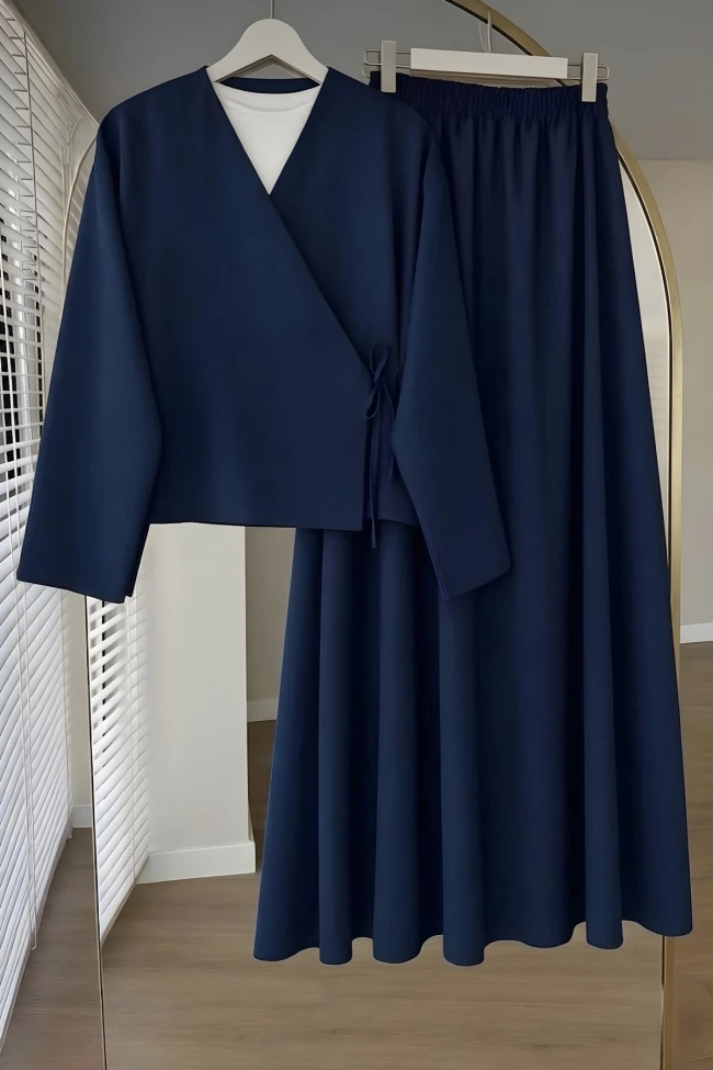 Lacivert Yandan Bağlamalı Dabıl Kimono Etekli Takım