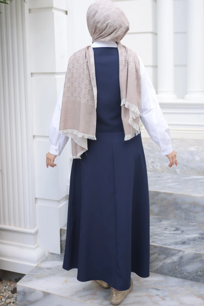 Lacivert Yelek Kombinli Gömlek Etekli Takım