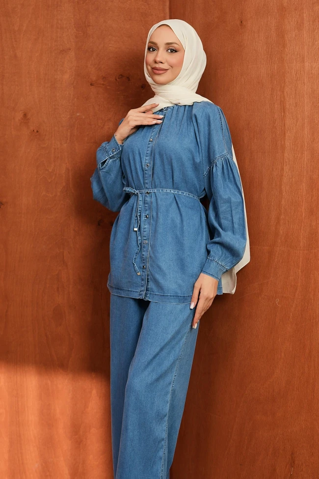 Mavi Balon Kol Tunik Pantolonlu Tensel Kot Takım