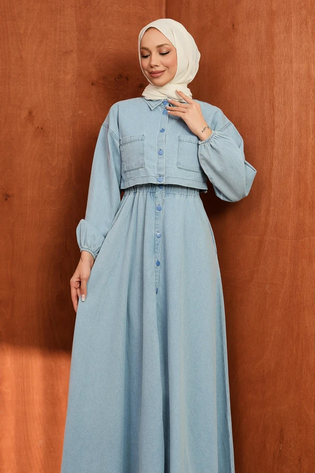 Mavi Ceket Kombinli Kot Elbise