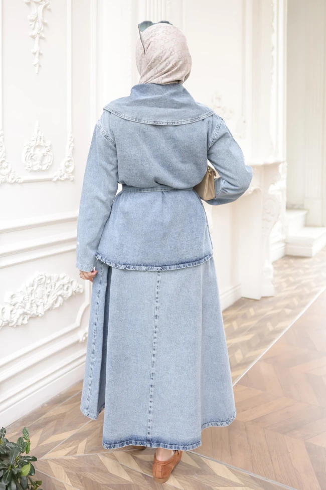 Mavi Düğmeli  Kot Ceket Etek Takım