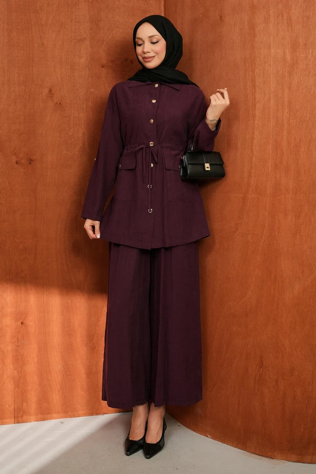 Mürdüm Bel İp Büzgülü Tunik Pantolonlu Takım