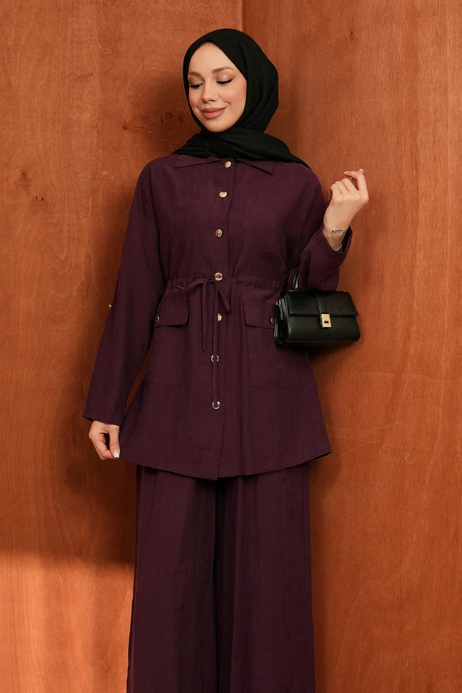 Mürdüm Bel İp Büzgülü Tunik Pantolonlu Takım