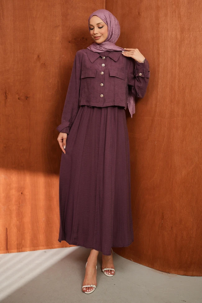 Mürdüm Kot Ceket Elbise İkili Kombin Takım