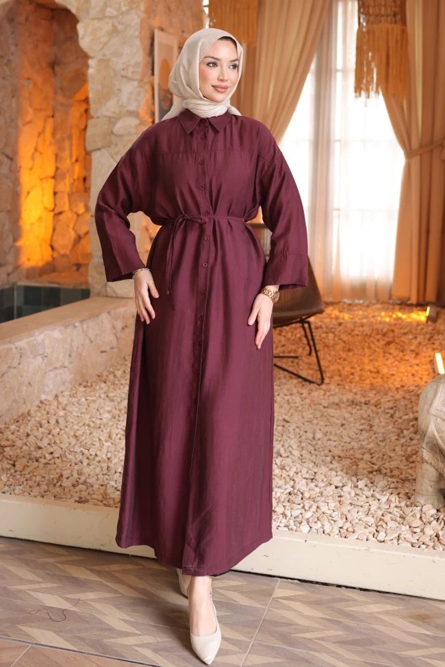 Mürdüm Oversize Düğmeli Tesla Elbise