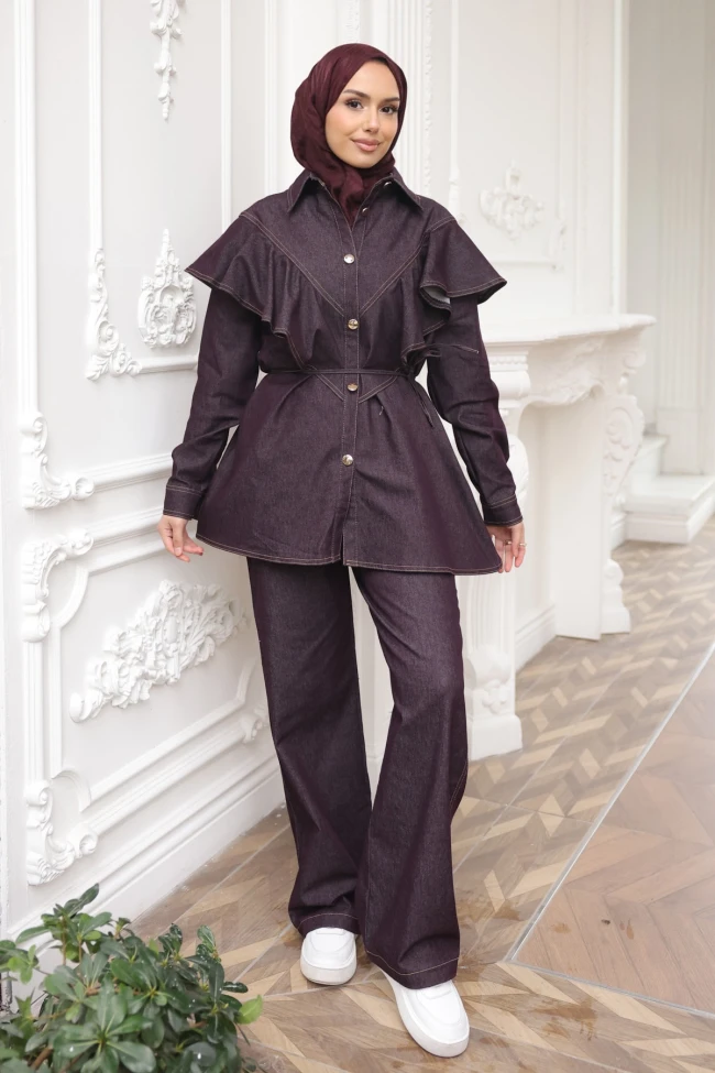 Mürdüm Volanlı Tunik Pantolonlu Kot Takım