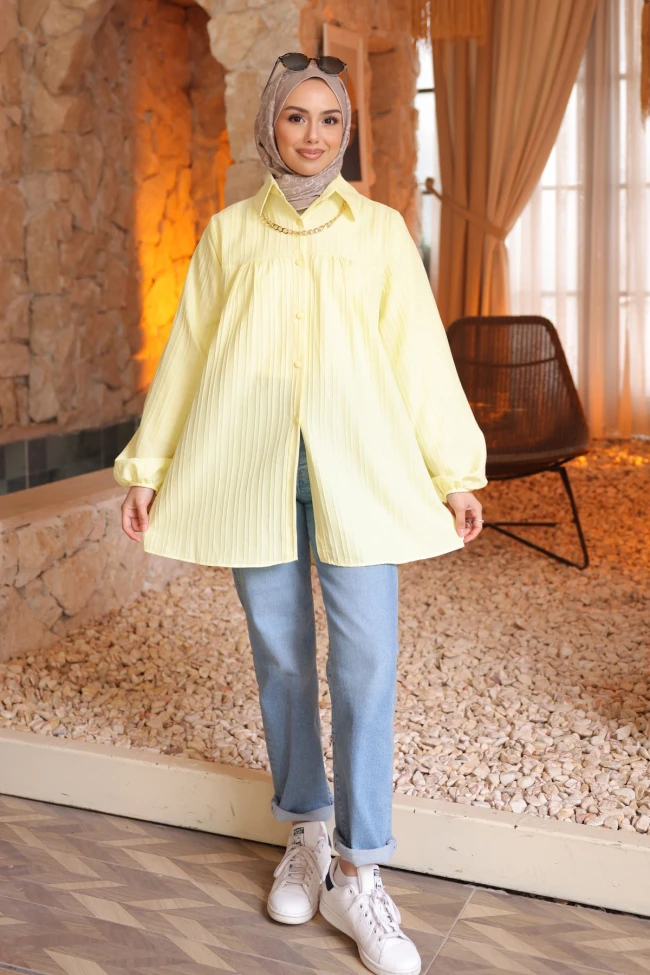 Sarı Kol Lastikli Çizgili Gömlek Tunik