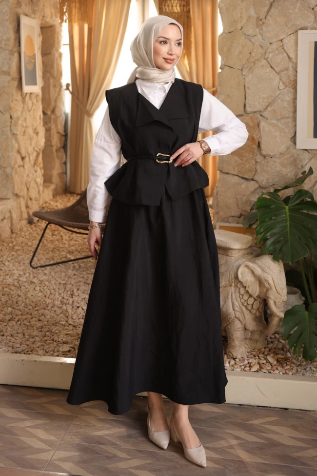 Siyah Deri Kemerli Yelek Etekli Takım