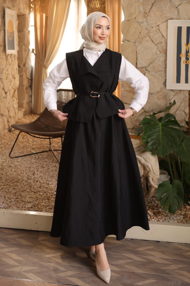 Siyah Deri Kemerli Yelek Etekli Takım