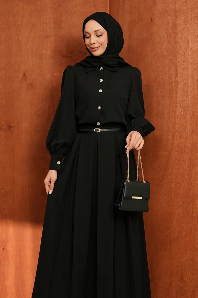 Siyah Düğmeli Kemerli Gömlek Etekli Takım