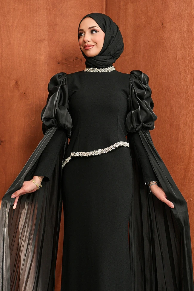 Siyah Kol Detaylı Taşlı Abiye