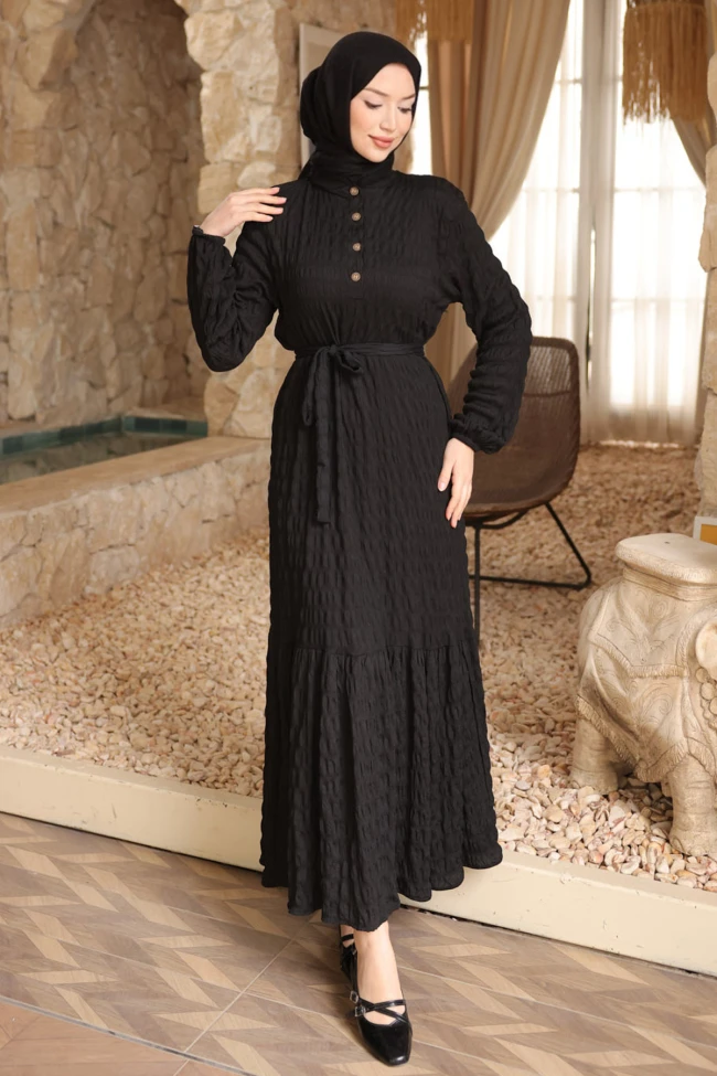 Siyah Kol Lastikli Düğmeli Bel Bağlamalı Gofre Elbise