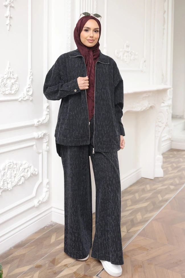 Siyah Lazer Kesim Kot Ceket Pantolonlu Takım