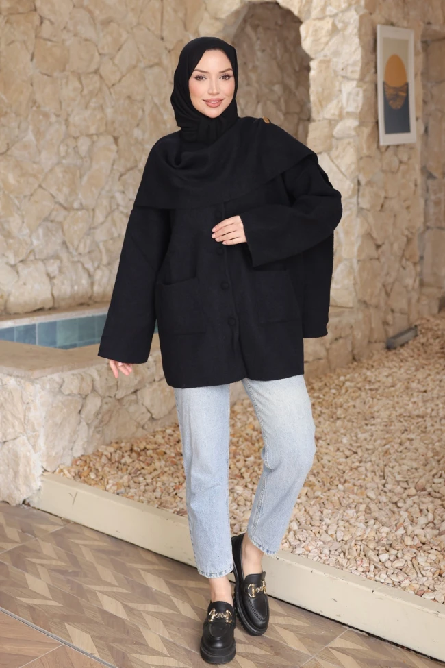 Siyah Şal Detaylı Düğmeli Angora Hırka