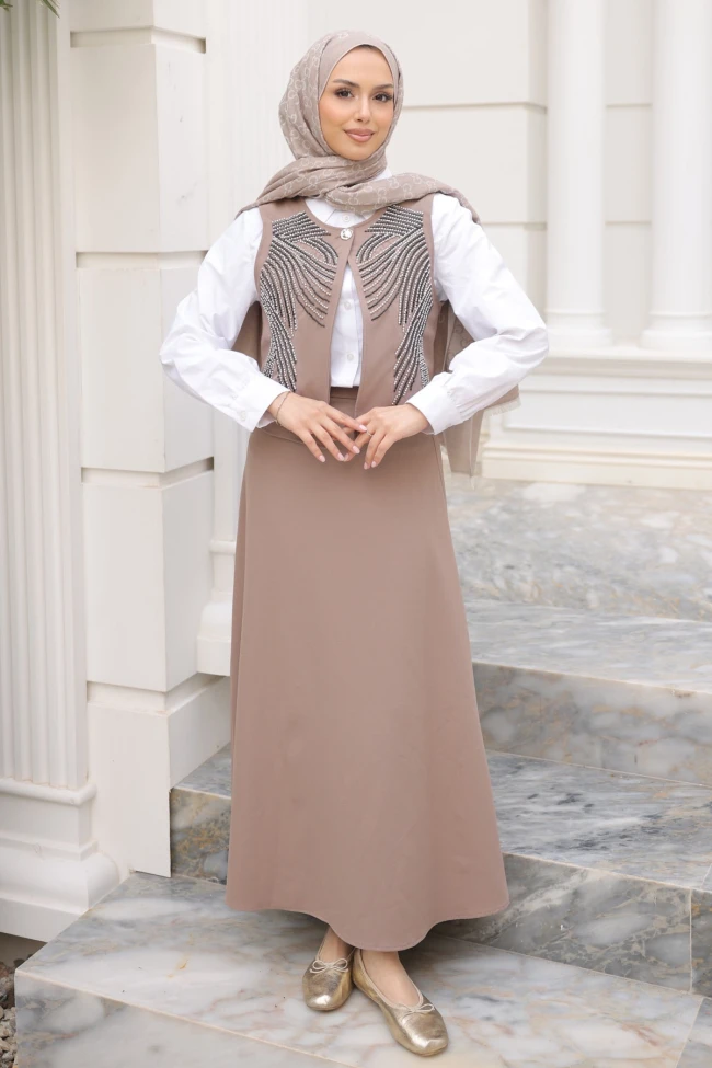 Vizon Yelek Kombinli Gömlek Etekli Takım