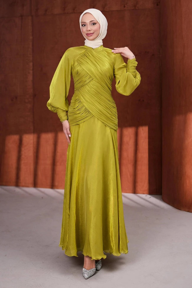 Yağ Yeşili Önü Drapeli Balon Kol Işıltılı Abiye