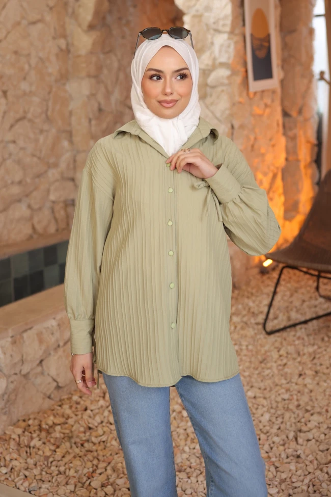 Yeşil Kol Bağlamalı Düğmeli Gömlek