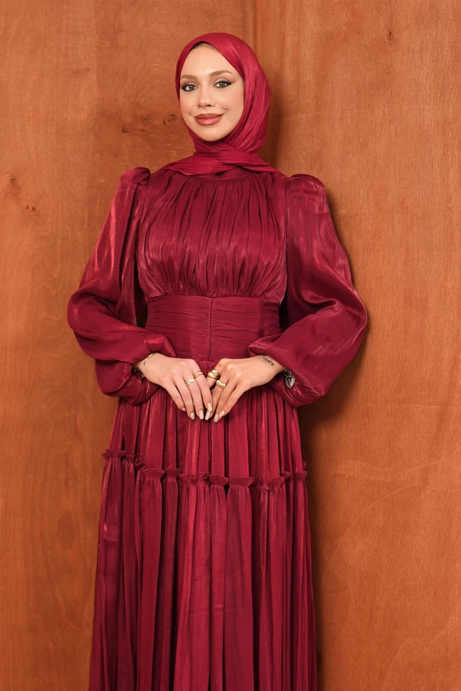 Bordo Bel Büzgülü Katlı Abiye
