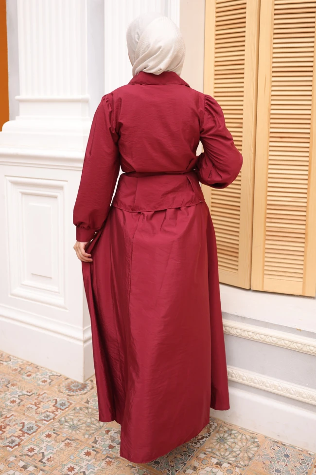 Bordo Kemerli Düğmeli Gömlek Etekli Takım