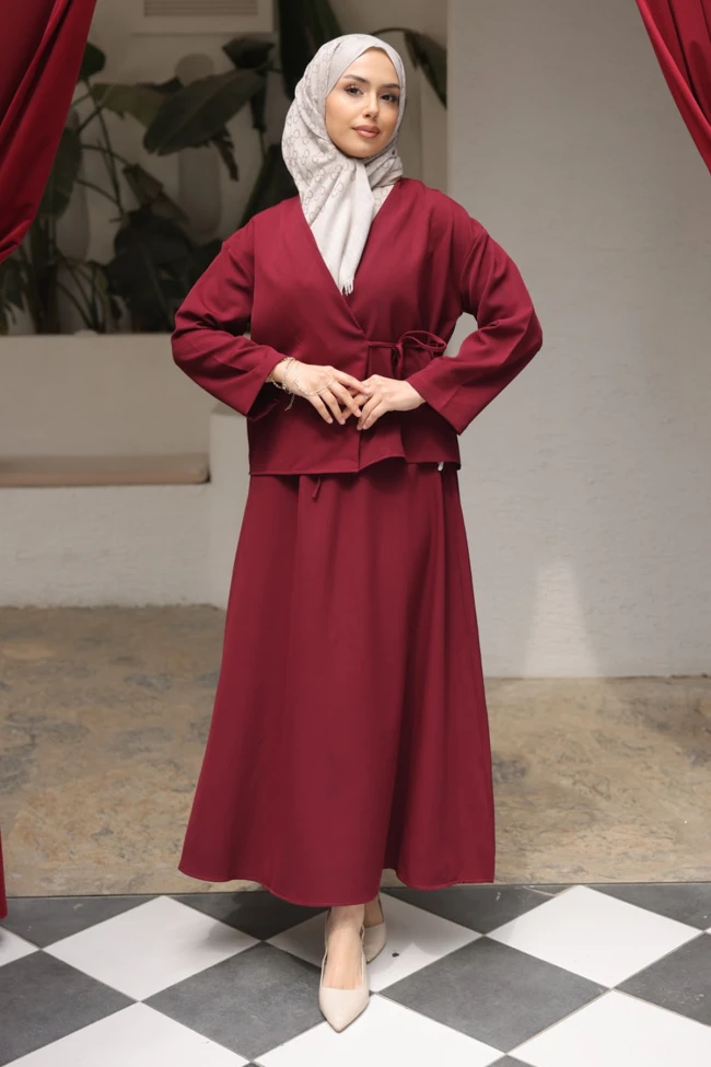 Bordo Yandan Bağlamalı Dabıl Kimono Etekli Takım