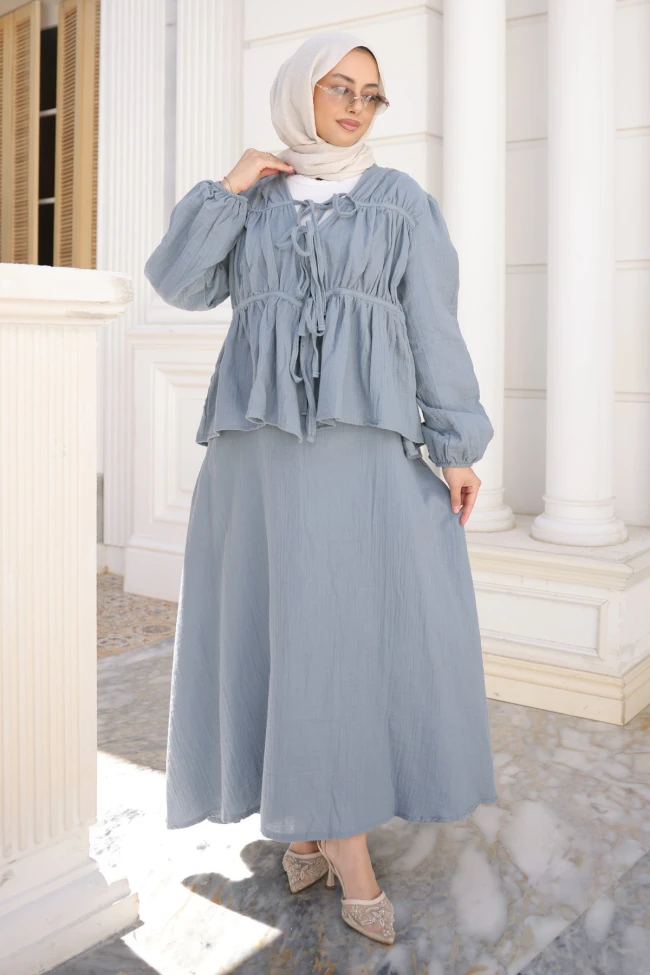 Gri Ön Bağlamalı Kol Lastikli Kimono Etekli Takım