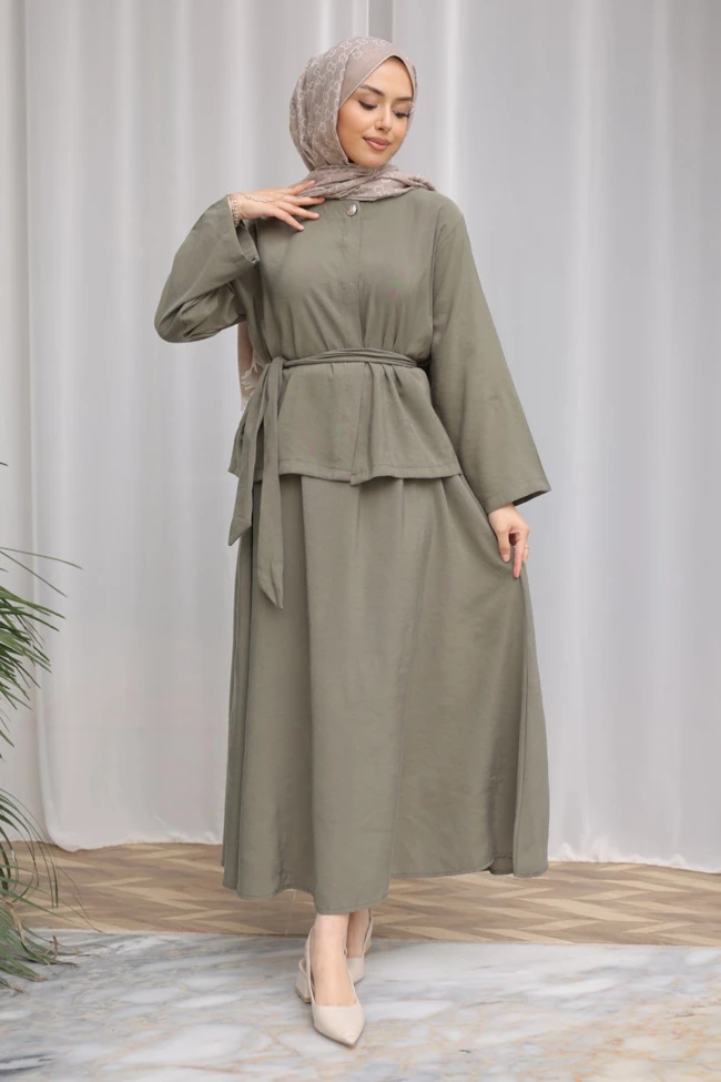 Haki Gizli Düğmeli Bel Kuşaklı Gömlek Etekli Takım