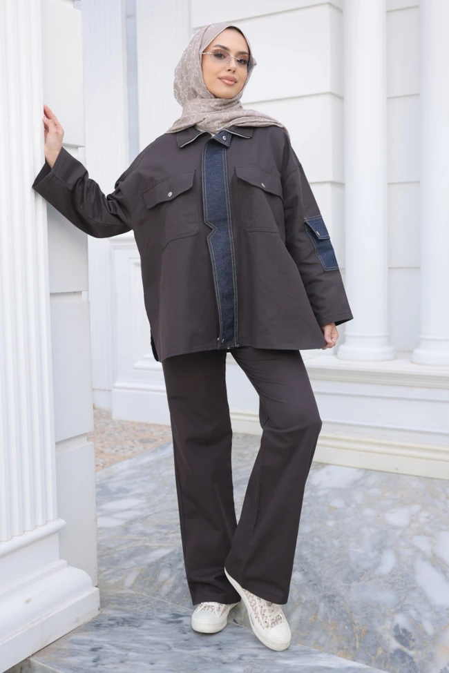 Kahverengi Kot Garnili Ceket Pantolonlu Takım