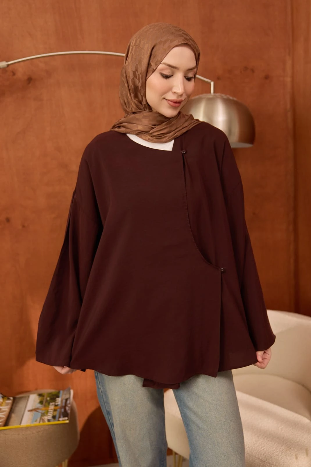 Kahverengi Ön Bağlamalı Kimono