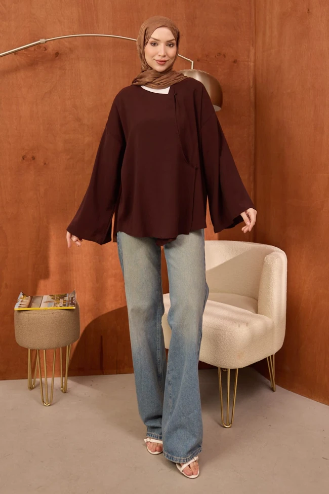 Kahverengi Ön Bağlamalı Kimono