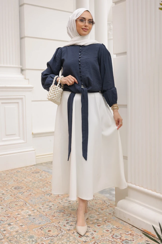 Lacivert Bel Bağlamalı Düğmeli Gömlek