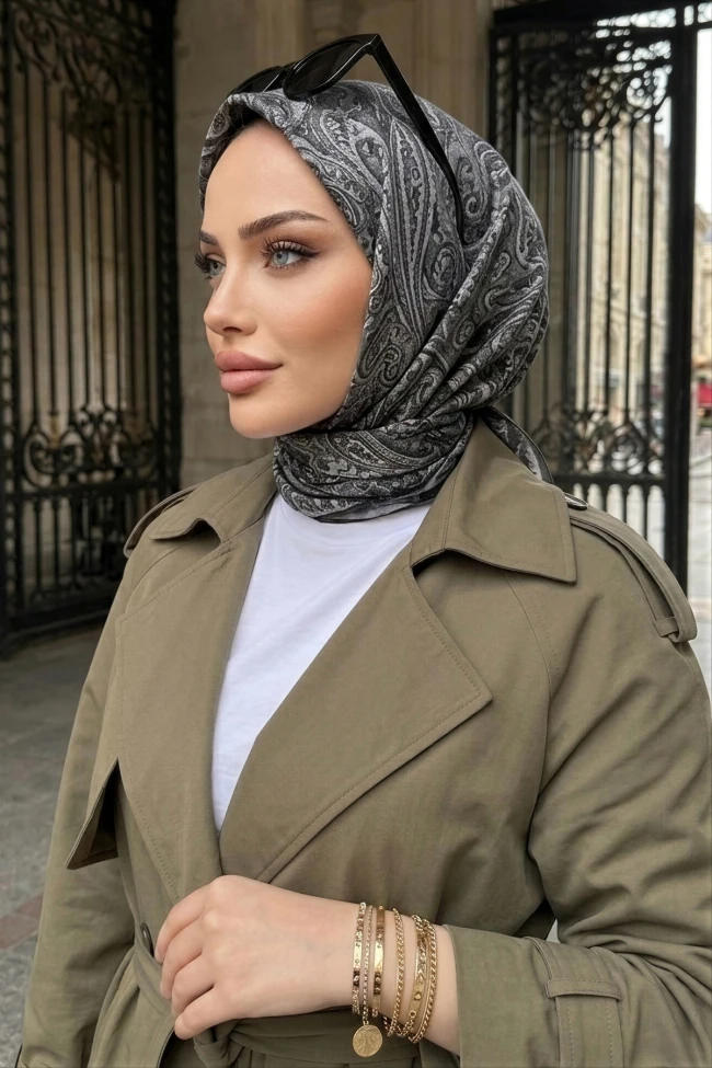 Siyah Trend Dijital Twil- Rayon Krisital Eşarp