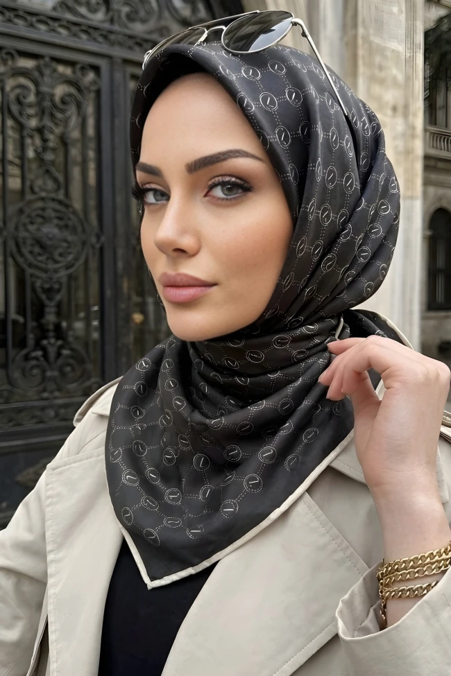 Siyah/Taş Trend Dijital Twil- Rayon Krisital Eşarp