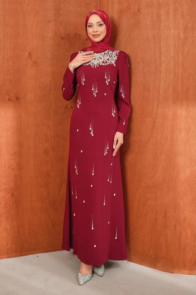 Bordo Taşlı Balık Model Abiye