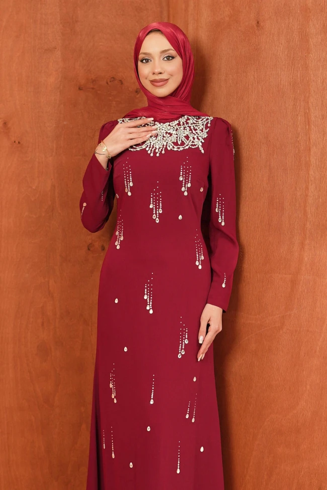 Bordo Taşlı Balık Model Abiye