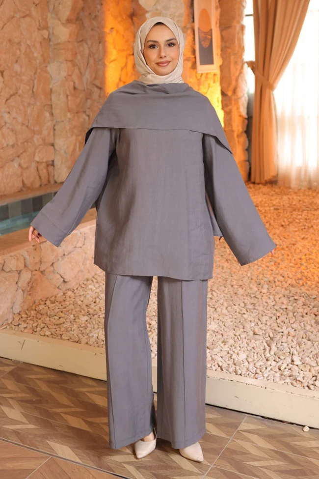 Füme Şal Detaylı Tunik Pantolonlu Takım