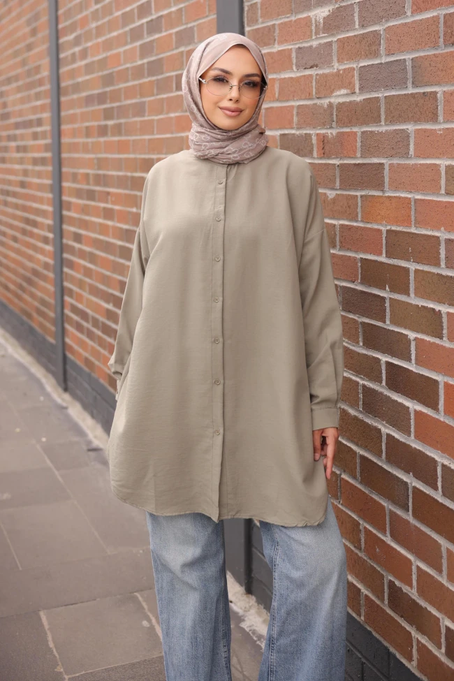 Haki Düğmeli Basic Salaş Tunik