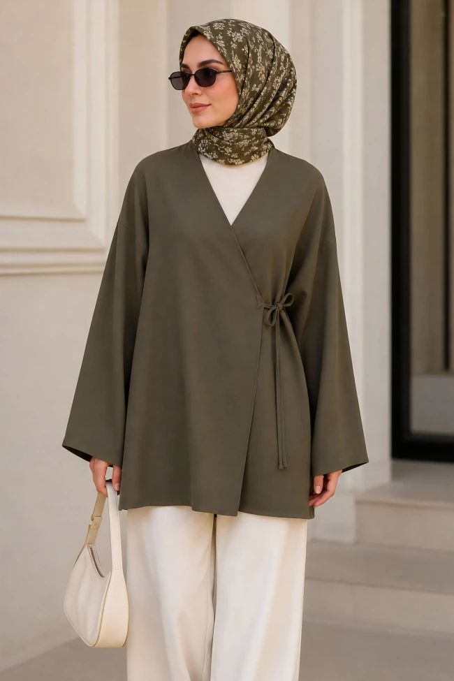 Haki Kruvaze Yaka Yandan Bağlamalı Oversize Yazlık Kimono Tunik