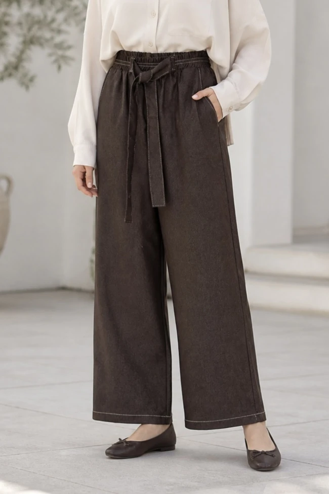 Kahverengi Kemerli Tencel Palazzo Pantolon