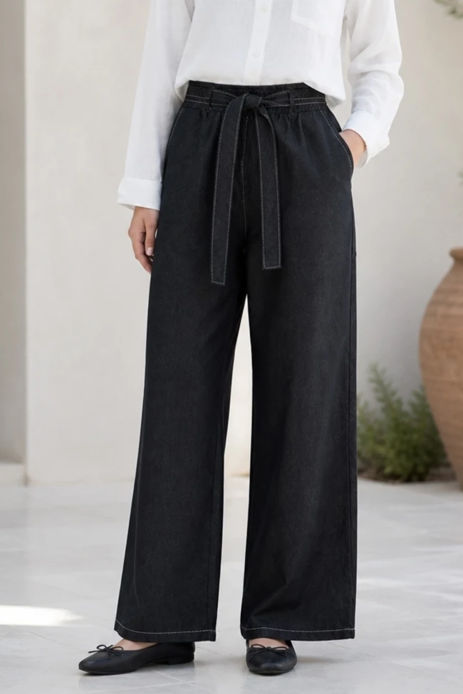 Siyah Kemerli Tencel Palazzo Pantolon