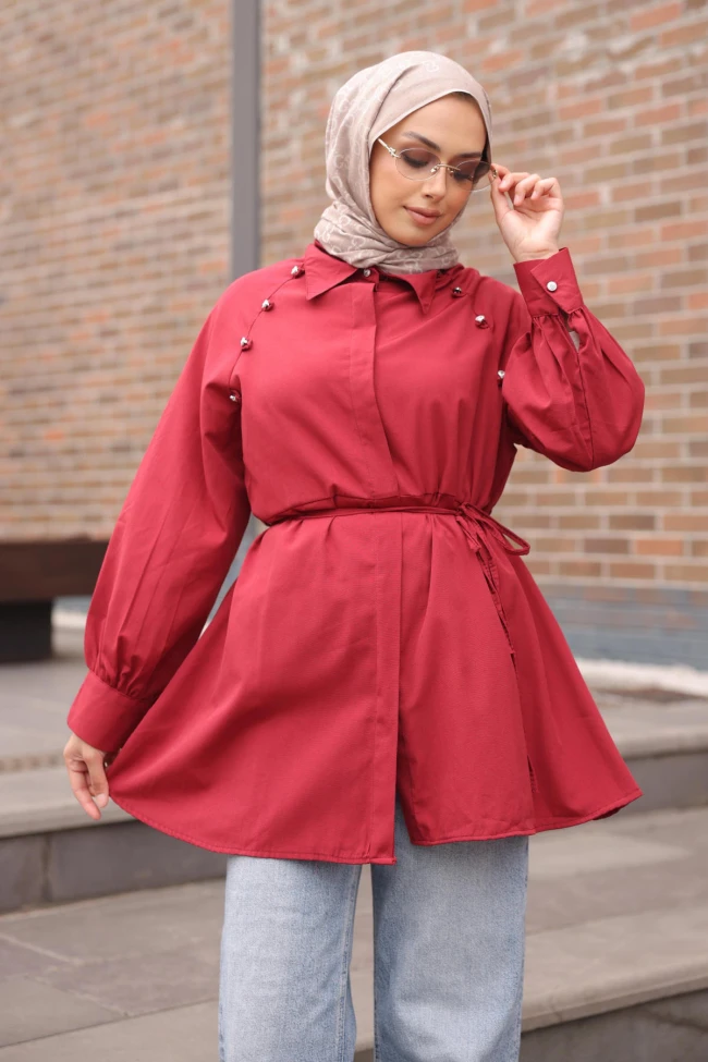 Bordo Bel Bağlamalı Tunik